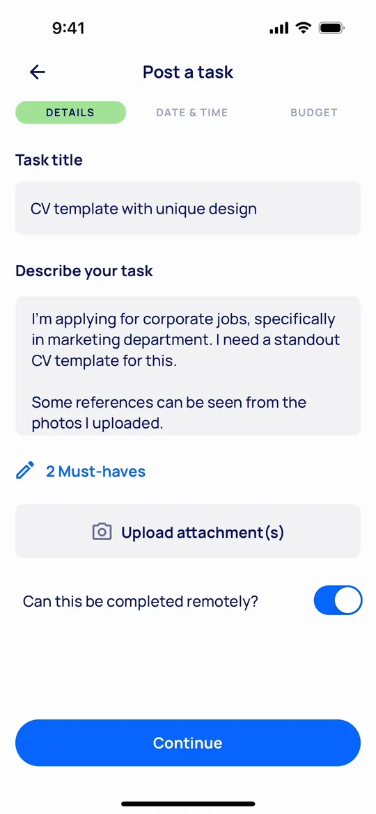 Airtasker Clone — Describe the task screen