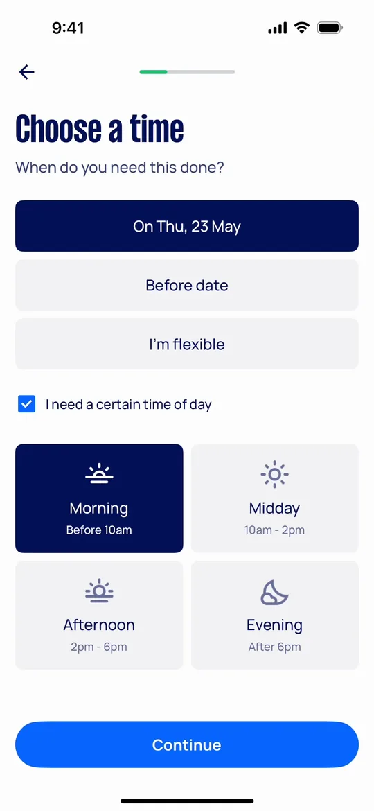 نسخة Airtasker — شاشة اختر الموعد