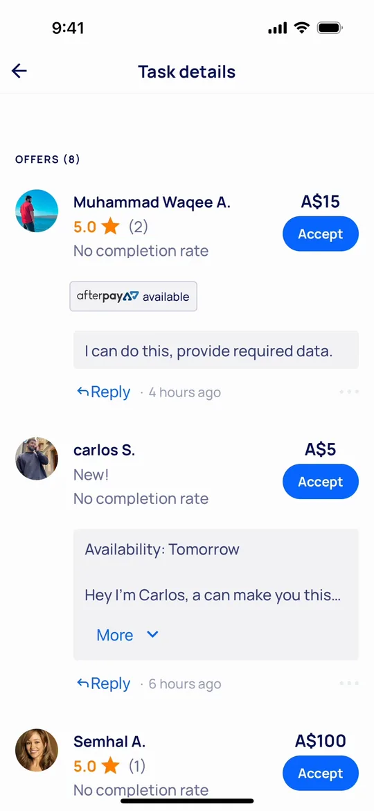 Airtasker Clone — Compare offers screen
