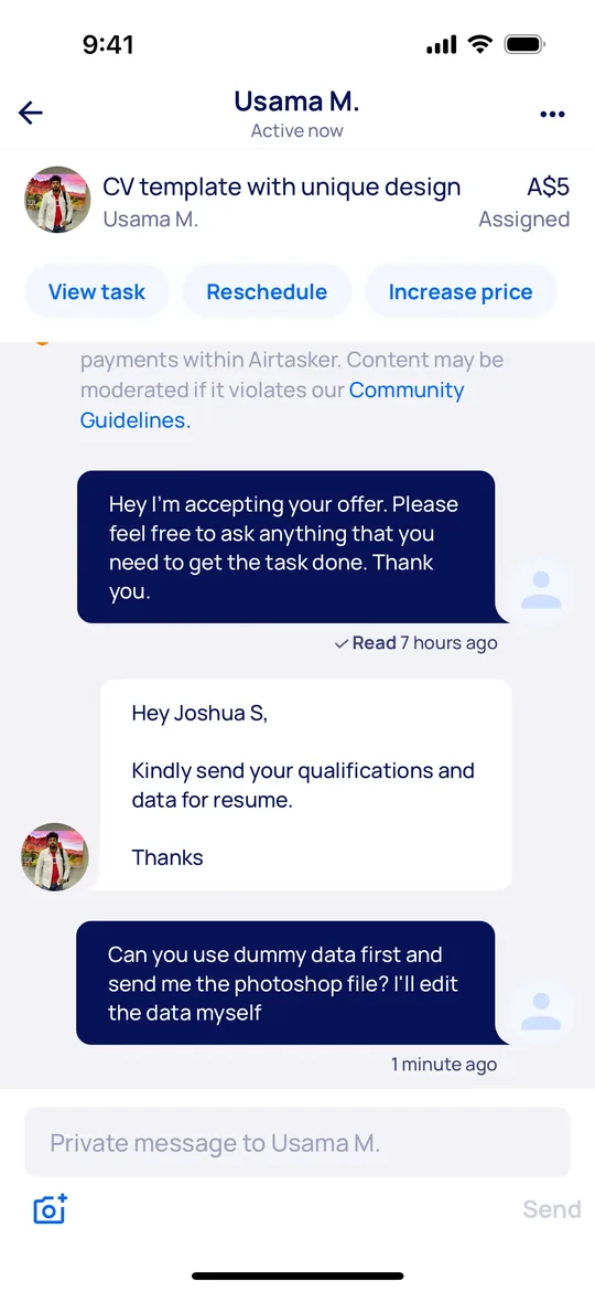 Airtasker Clone — Private chat screen