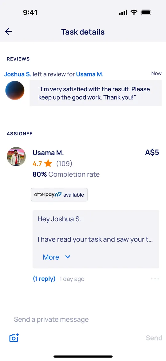 Airtasker Clone — Leave a review screen