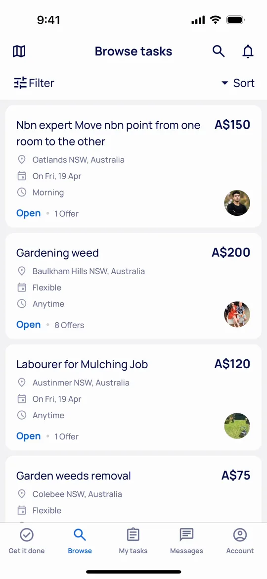 Airtasker Clone — Browse tasks screen