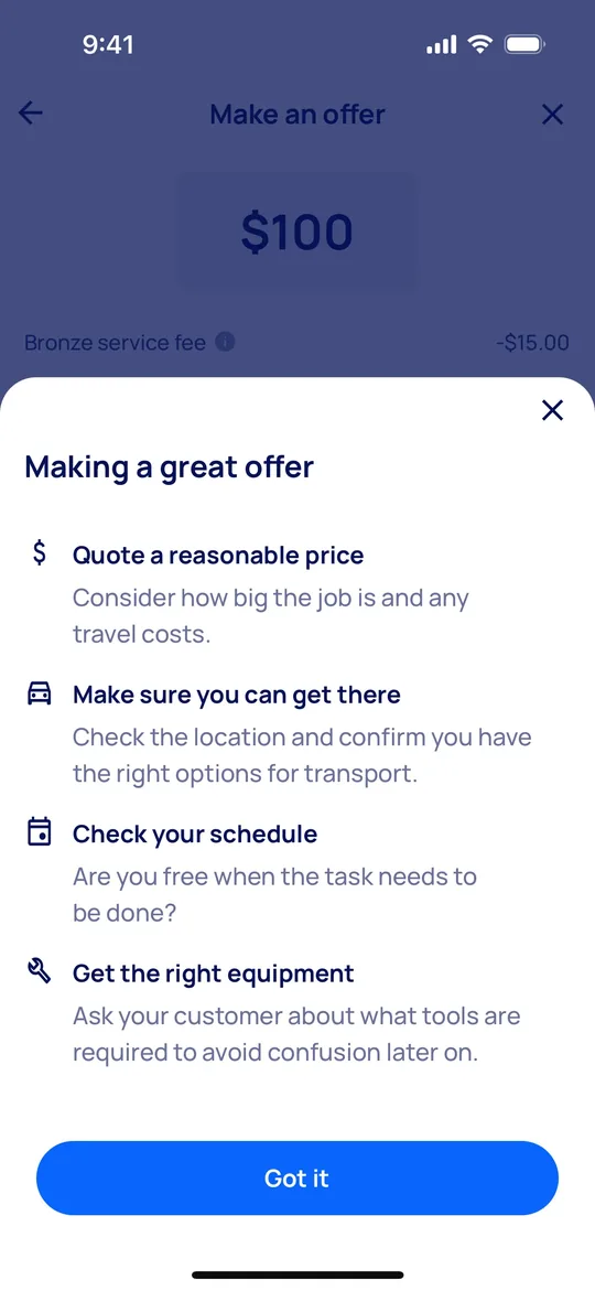 Airtasker Clone — Offer tips screen