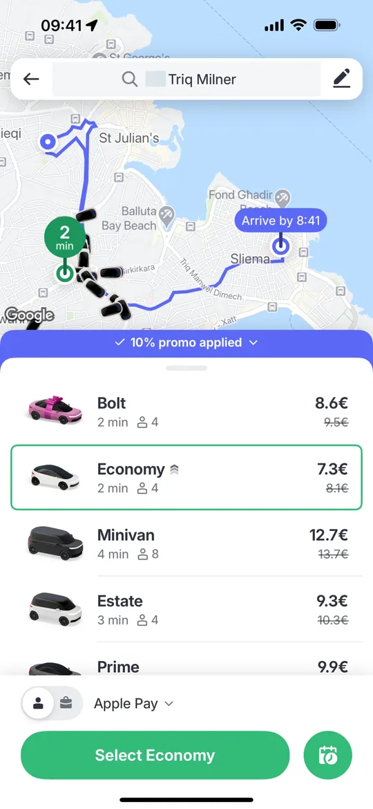 Bolt Clone — Choose a ride screen