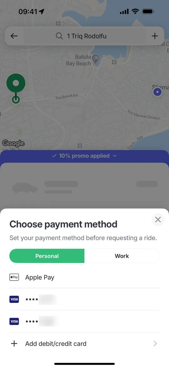 Bolt Clone — Payment method screen