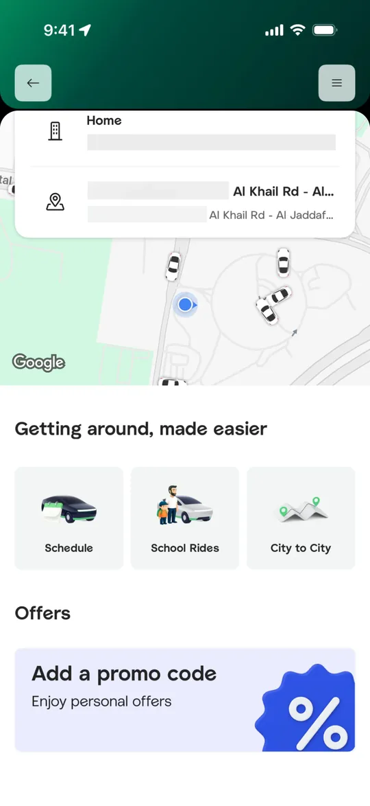 Careem Clone — Rides home screen
