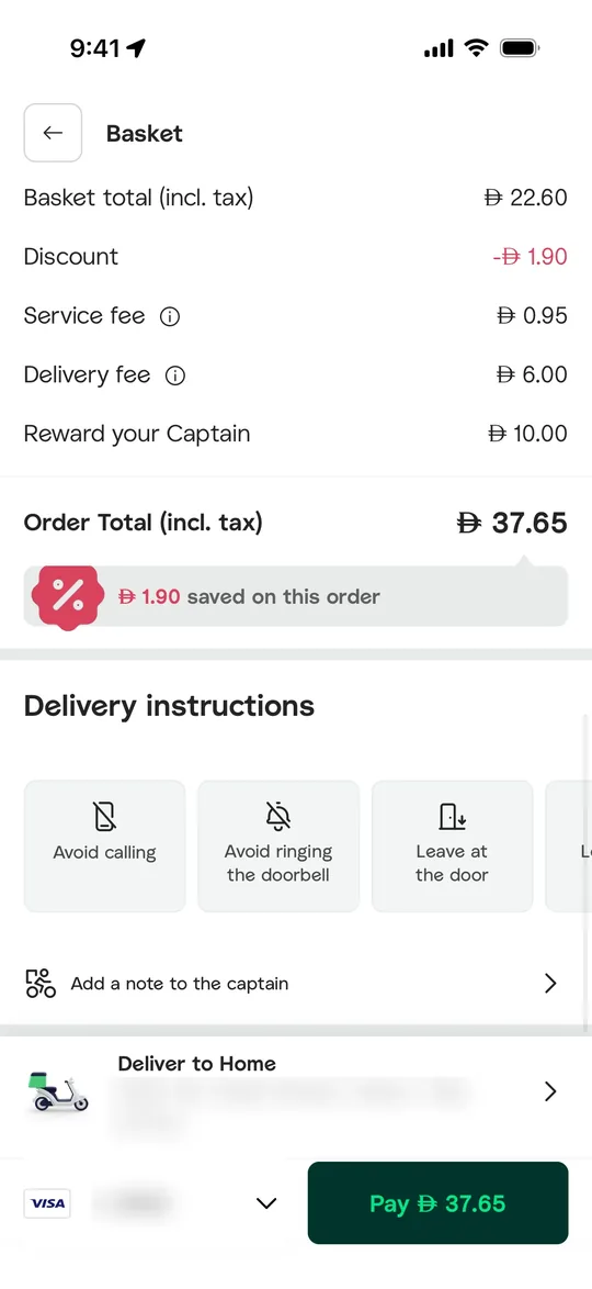 Careem Clone — Basket and checkout screen