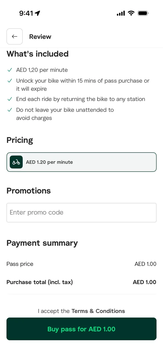 Careem Clone — Bike rental pass screen