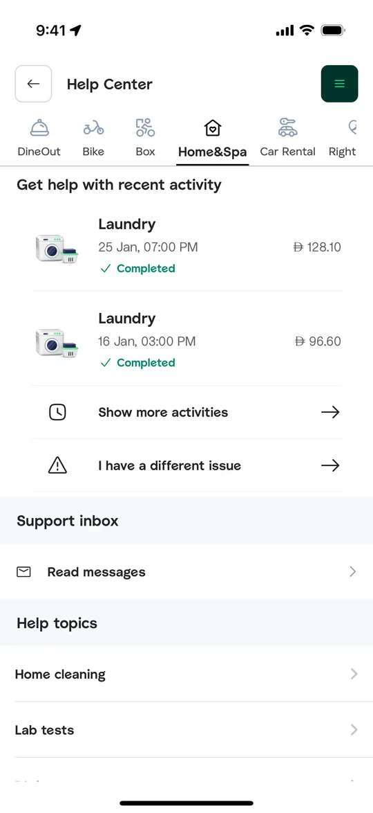 Careem Clone — Help center screen