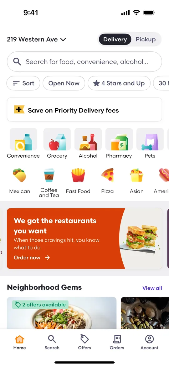 Pantalla de la app clon de DoorDash