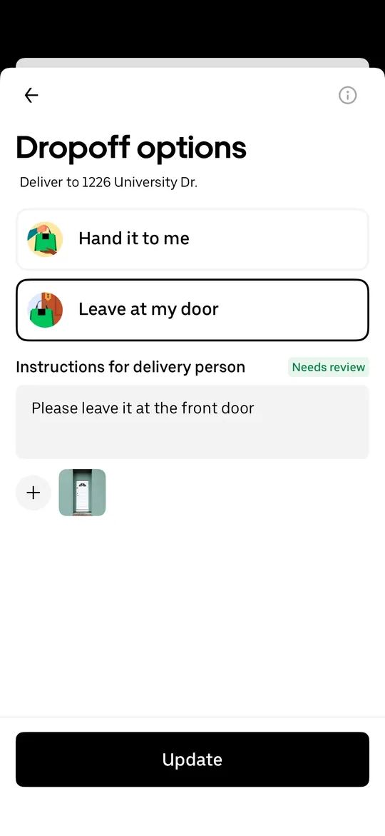 DoorDash Clone — Drop-off options screen