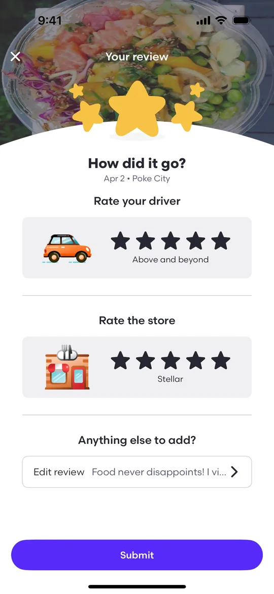 DoorDash Clone — Rate your order screen