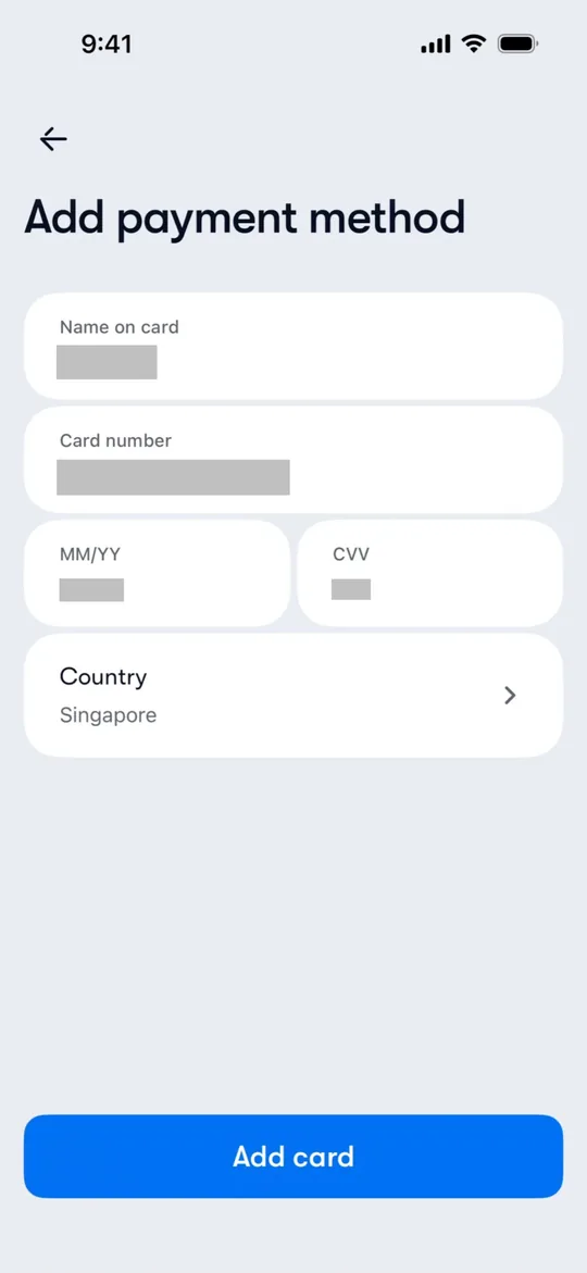 Fintech app — Add a card
