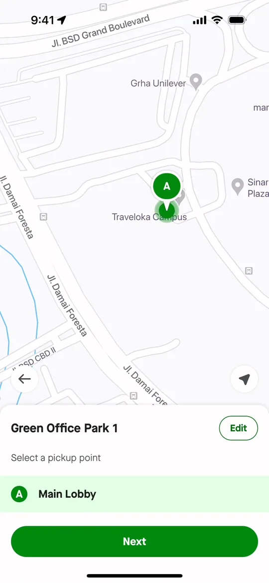 نسخة Gojek — شاشة اختيار نقطة الالتقاء