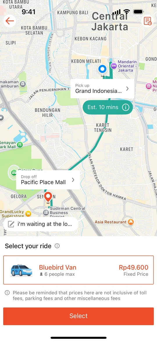 Gojek क्लोन — रूट और तय किराया स्क्रीन