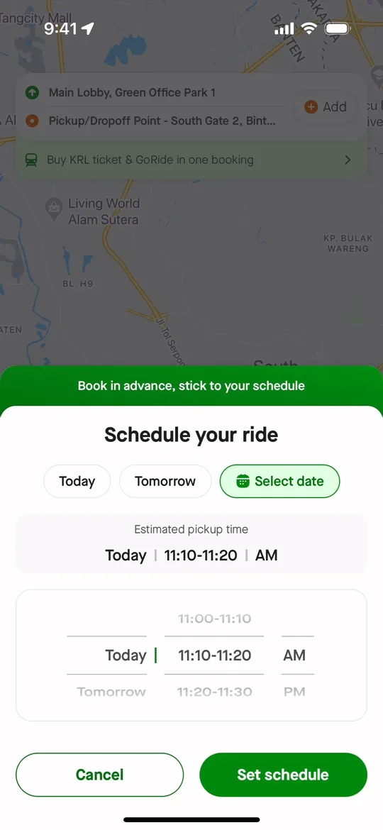 Gojek क्लोन — राइड शेड्यूल करें स्क्रीन