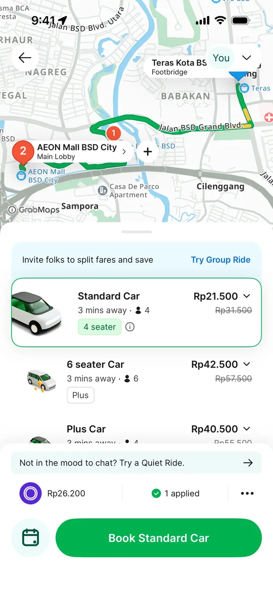 Grab Clone — Route and fares screen