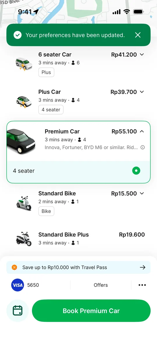 Grab Clone — Choose a vehicle screen