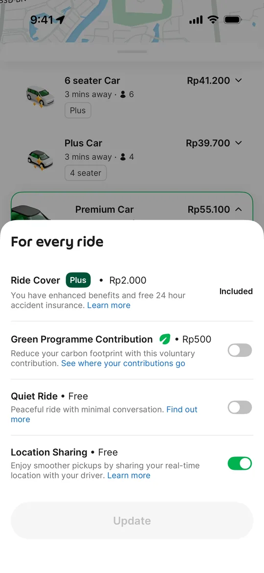 Grab Clone — Ride preferences screen