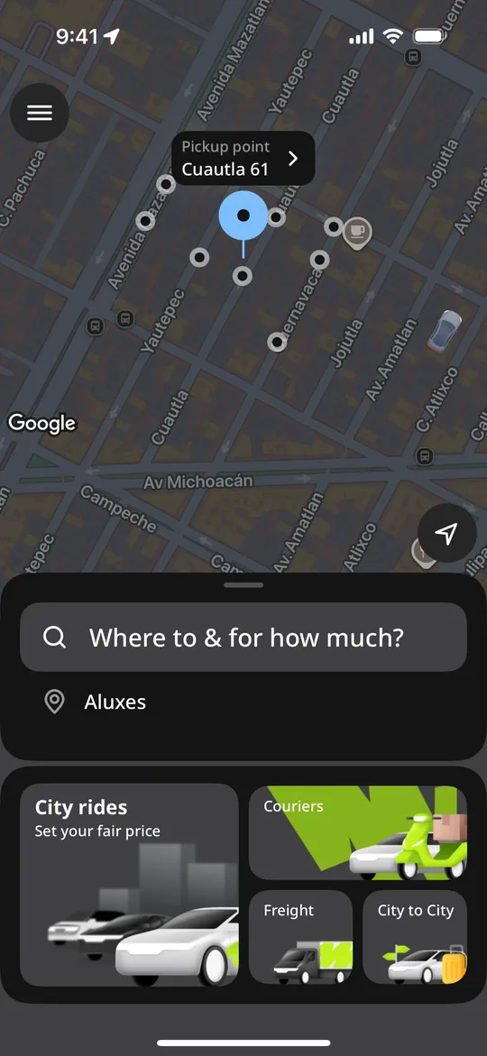 inDrive Clone — Where to and for how much screen
