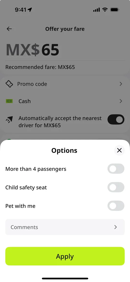نسخة inDrive — شاشة تفضيلات الرحلة