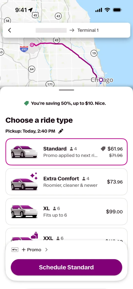 Lyft Clone — Choose a ride type screen
