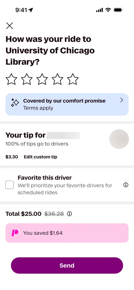 Lyft Clone — Rate and tip screen