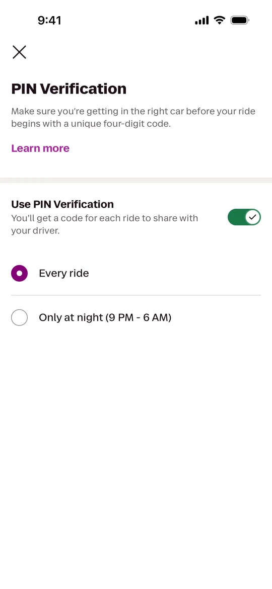 Lyft Clone — PIN verification screen