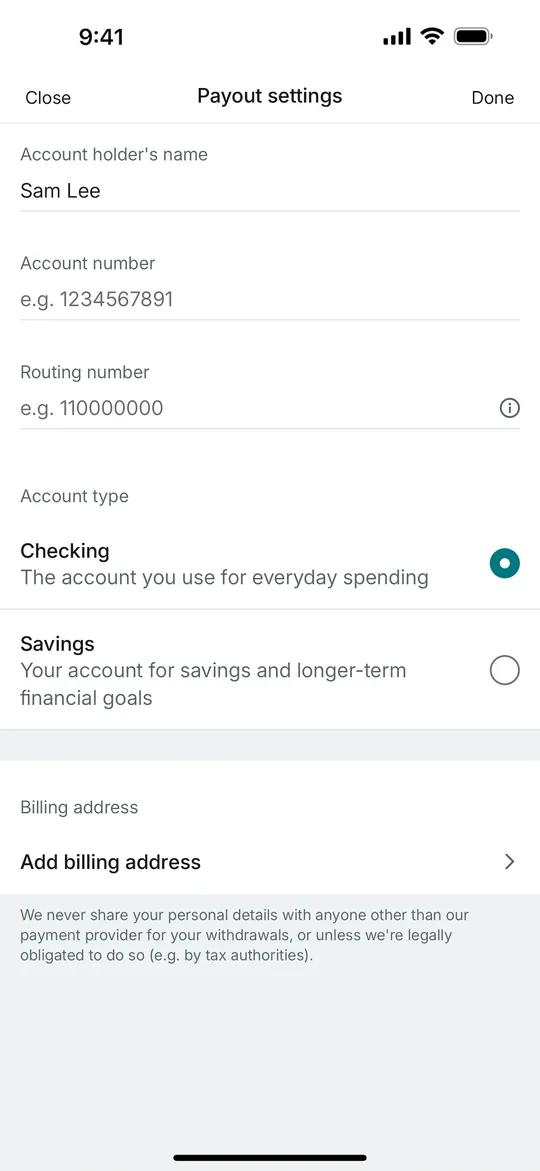 Lyft Clone — Payout settings screen