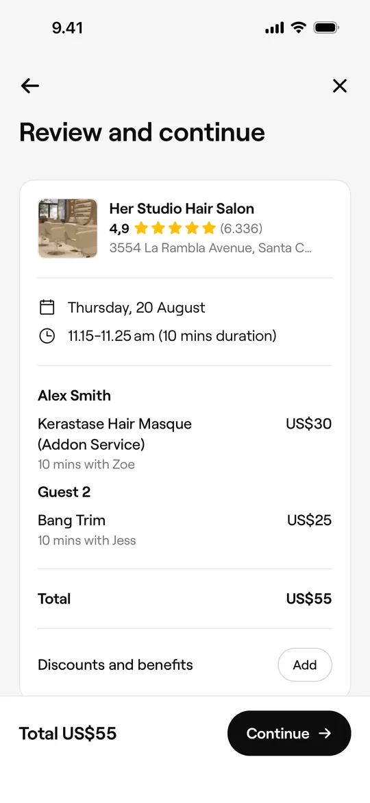 Sheba.xyz Clone — Review booking screen