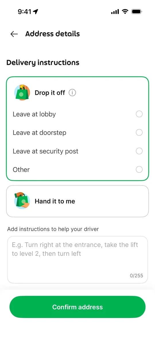 Swiggy Clone — Delivery instructions screen