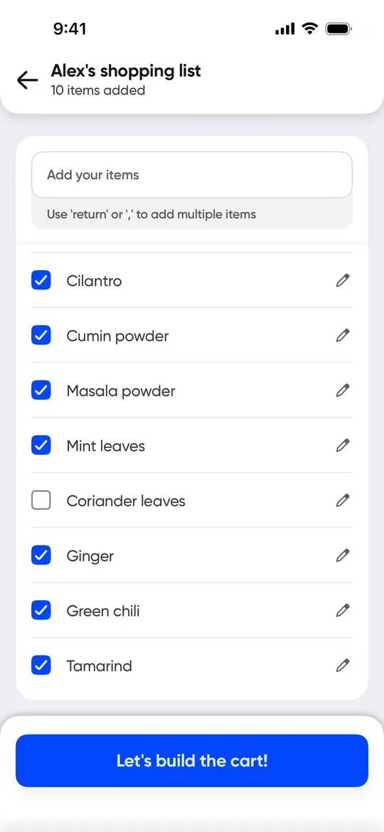 Swiggy Clone — Shopping list screen