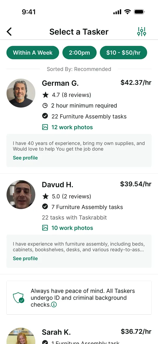 TaskRabbit Clone — Choose a tasker screen