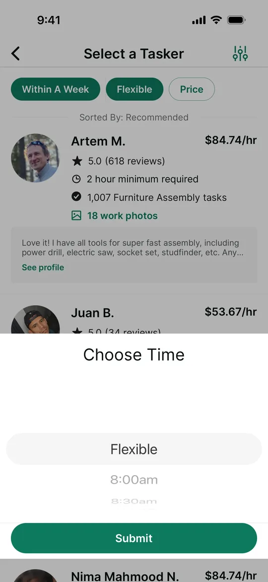 TaskRabbit Clone — Choose a time screen