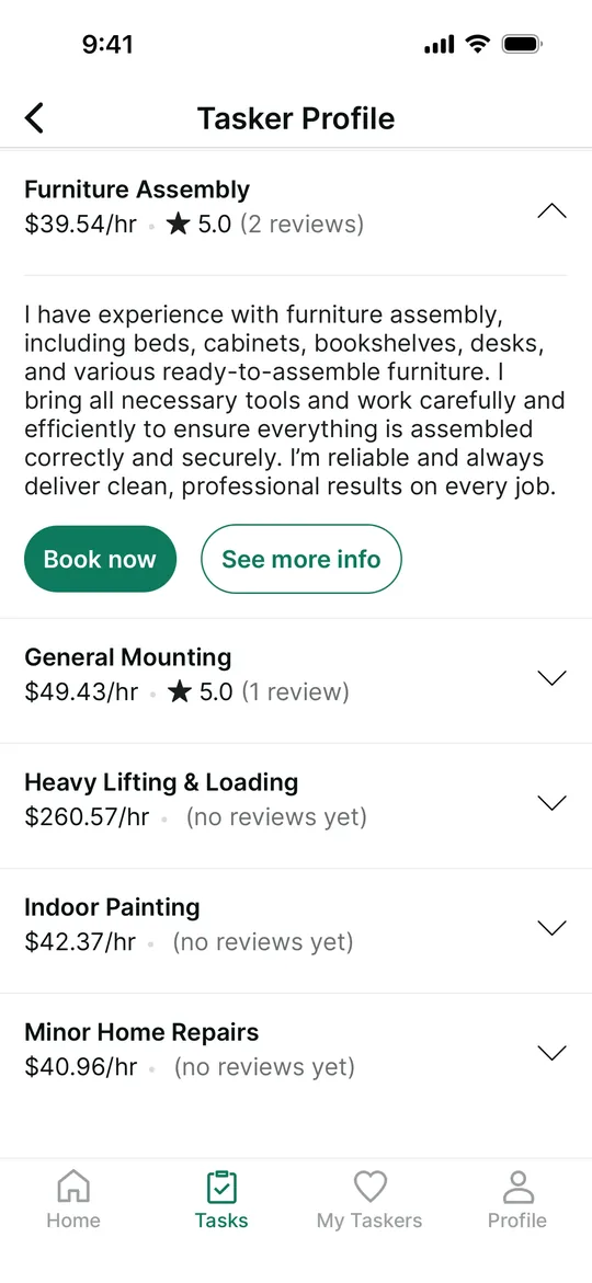 TaskRabbit Clone — Tasker skills and rates screen