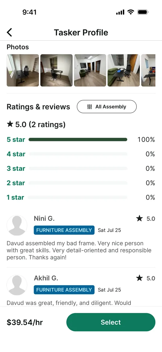 TaskRabbit Clone — Tasker reviews screen