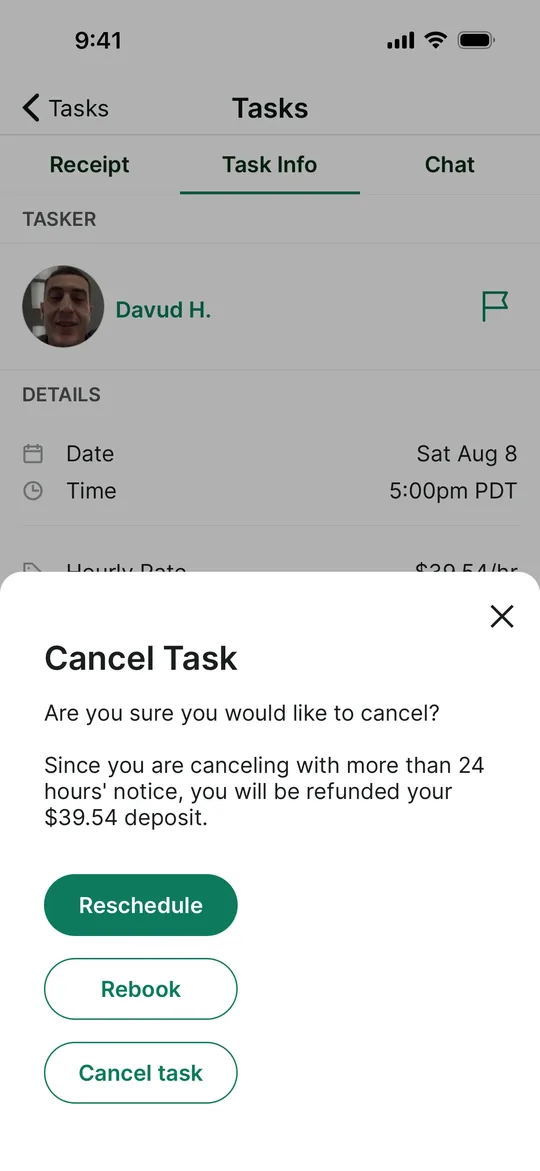 TaskRabbit Clone — Cancel or rebook screen