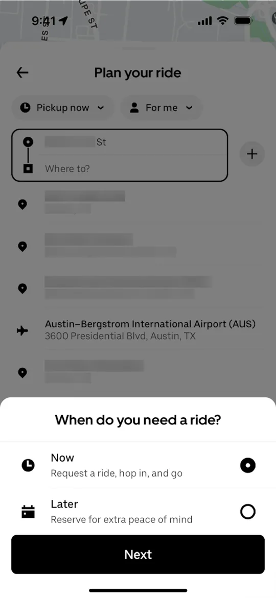 Clon de Uber — pantalla Ahora o más tarde