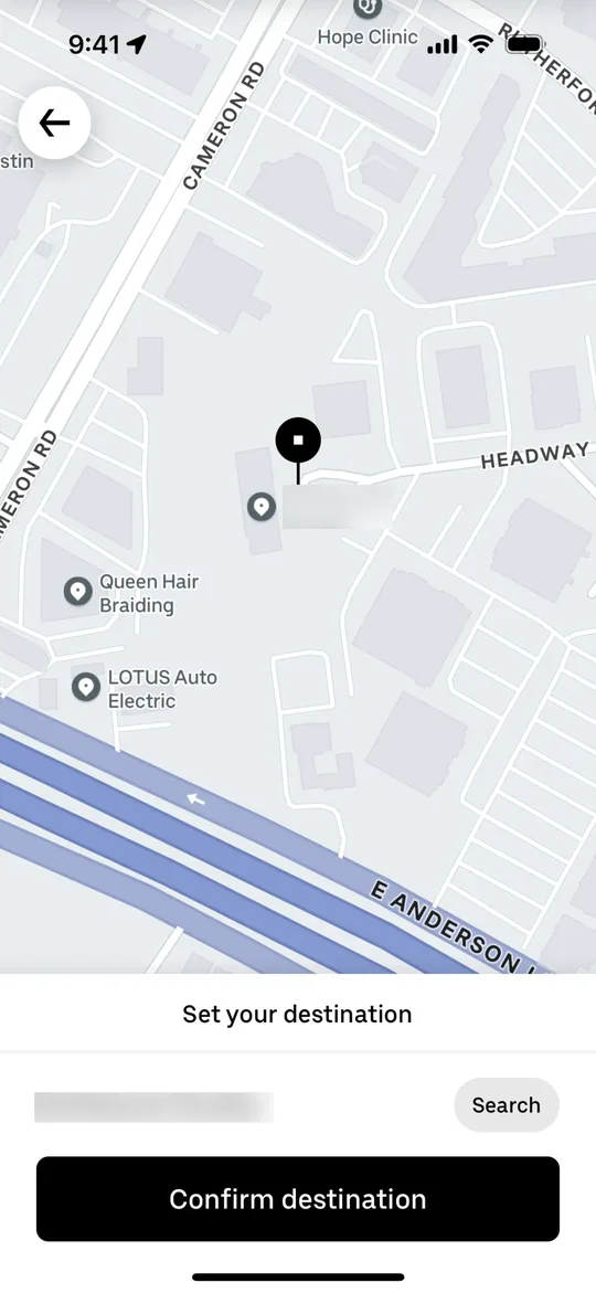 Clon de Uber — pantalla Fijar destino en el mapa