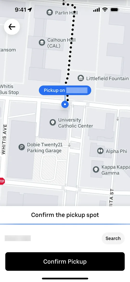 Clon de Uber — pantalla Confirmar punto de recogida
