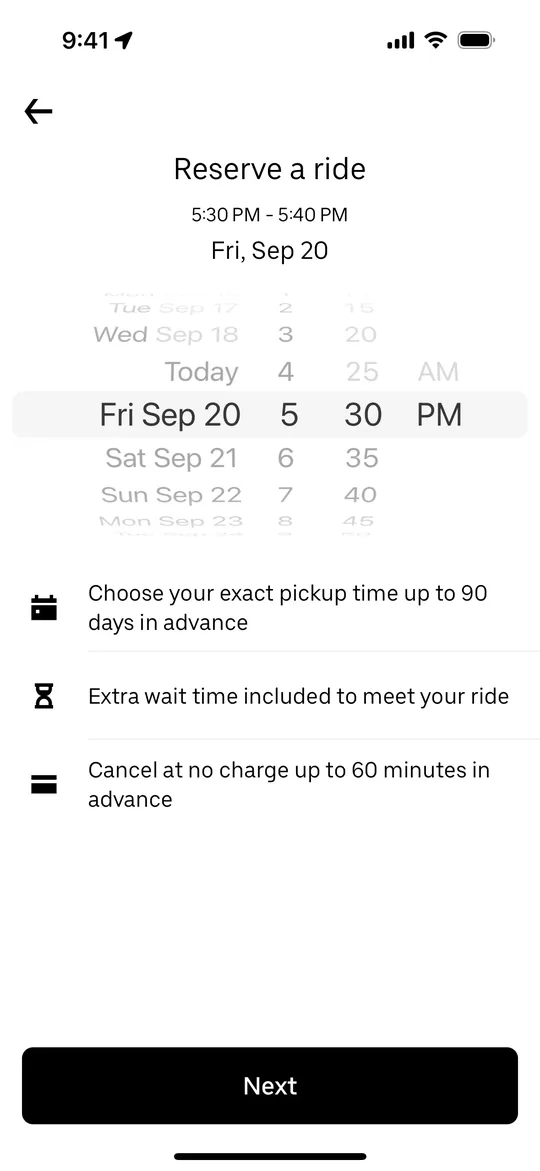 Clon de Uber — pantalla Elige hora de recogida