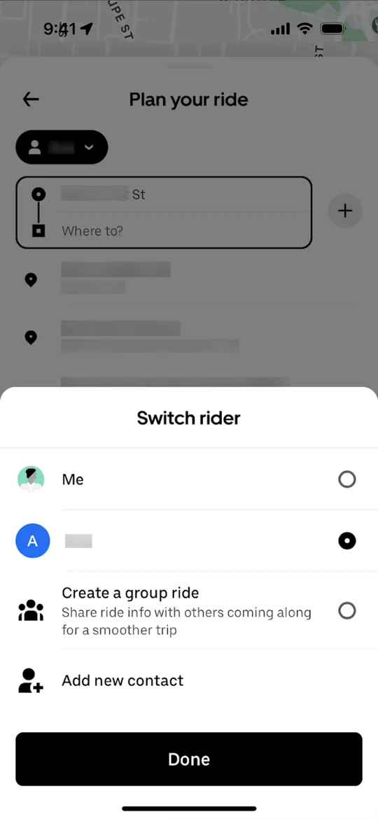 Clon de Uber — pantalla Reservar para otra persona