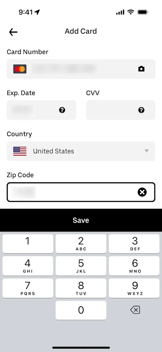 Clon de Uber — pantalla Añadir tarjeta
