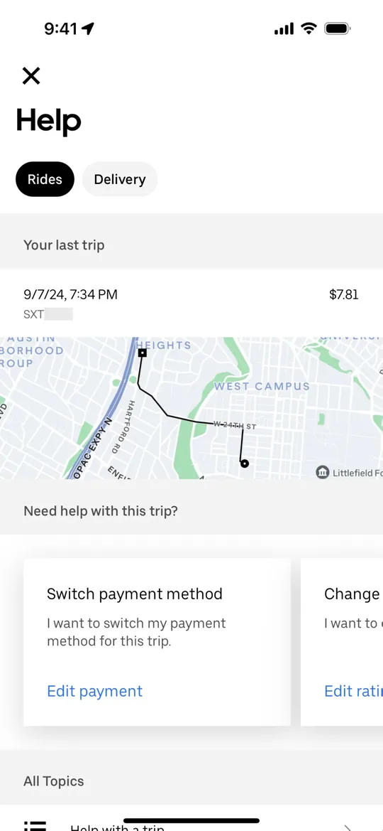 Clon de Uber — pantalla Ayuda con el viaje