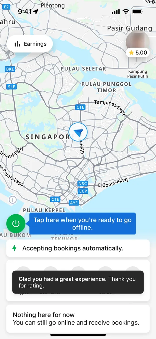 Rideshare app — Online and accepting trips