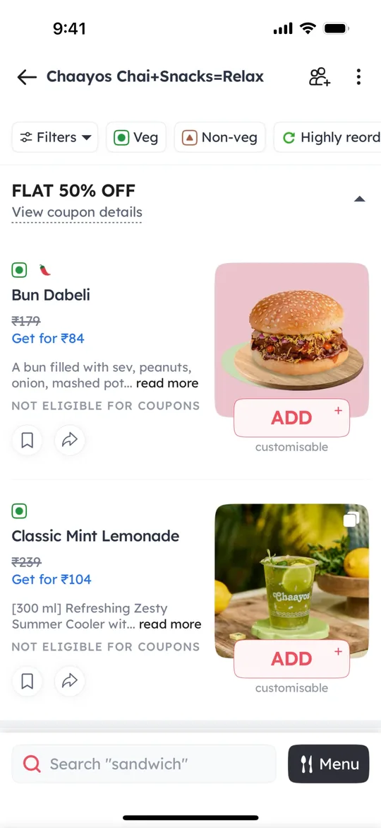 Zomato Clone — Restaurant menu screen