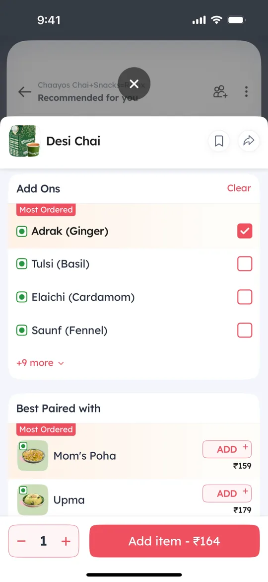 Zomato Clone — Item add-ons screen