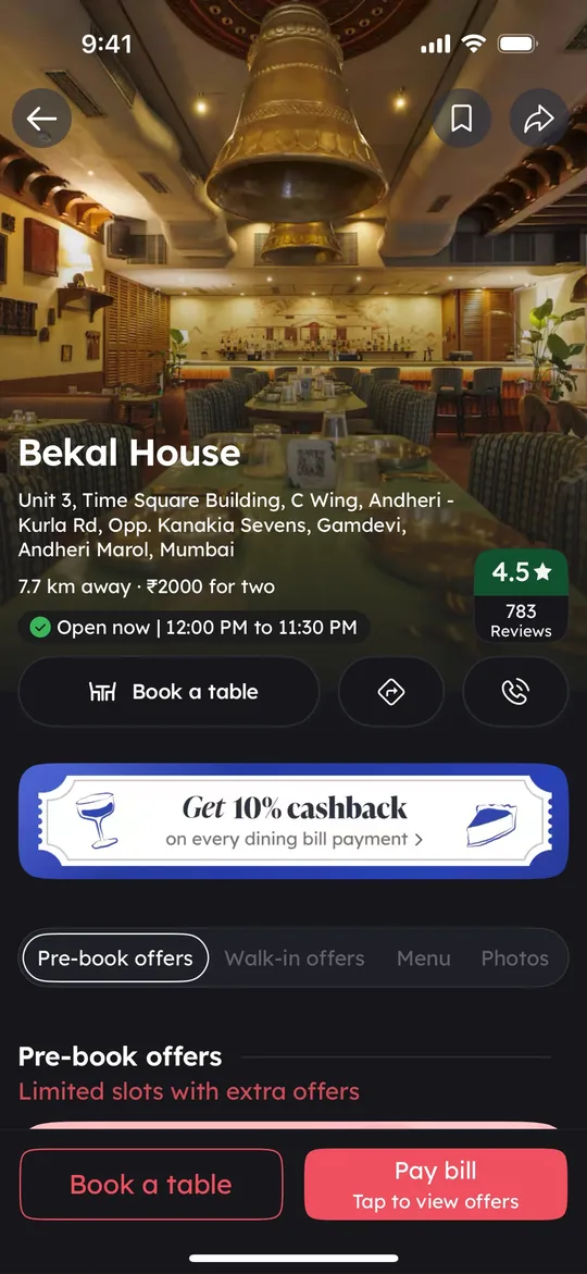 Zomato Clone — Restaurant page screen
